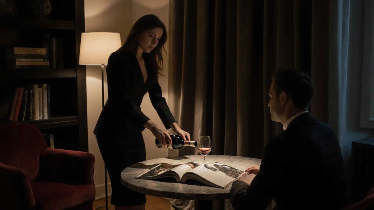 A discreet companionship moment in a Brera apartment with wine and art books.