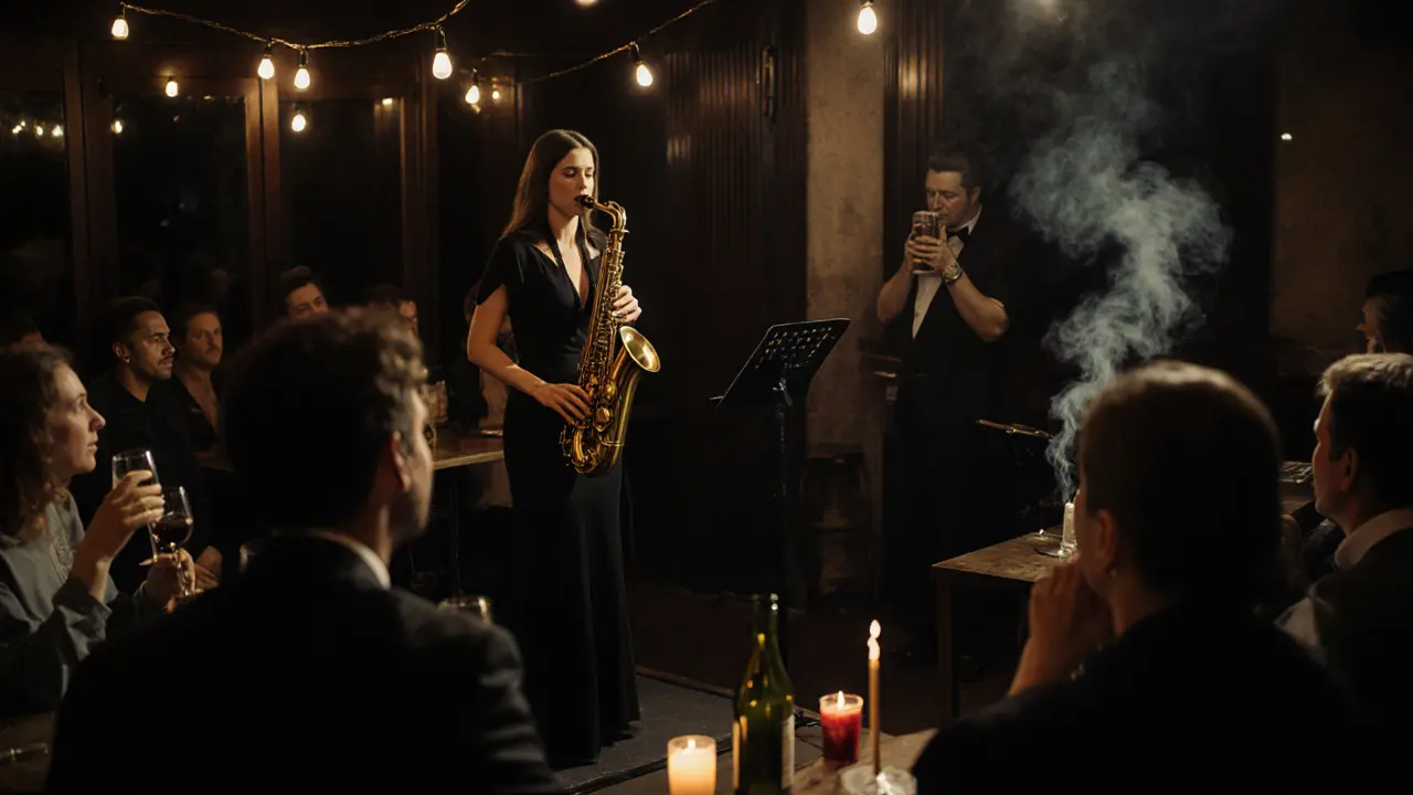A female musician playing saxophone in a dimly lit Berlin jazz club while clients listen intently.