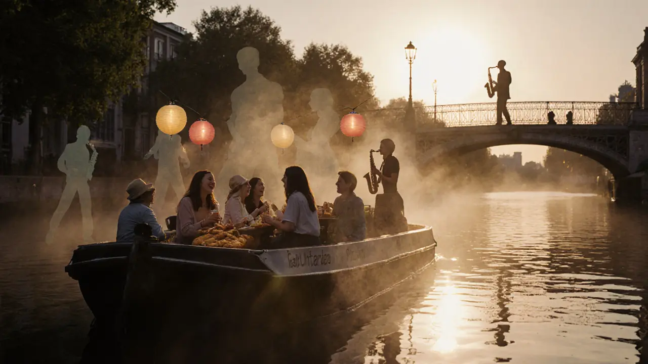 A floating barge on a canal at sunrise, strangers sharing croissants as mist dissolves the night’s memories.
