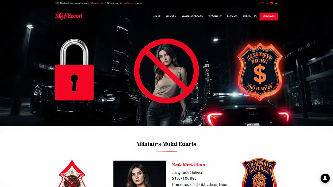 A fraudulent escort website on a screen with red warning symbols indicating scams and legal risks.