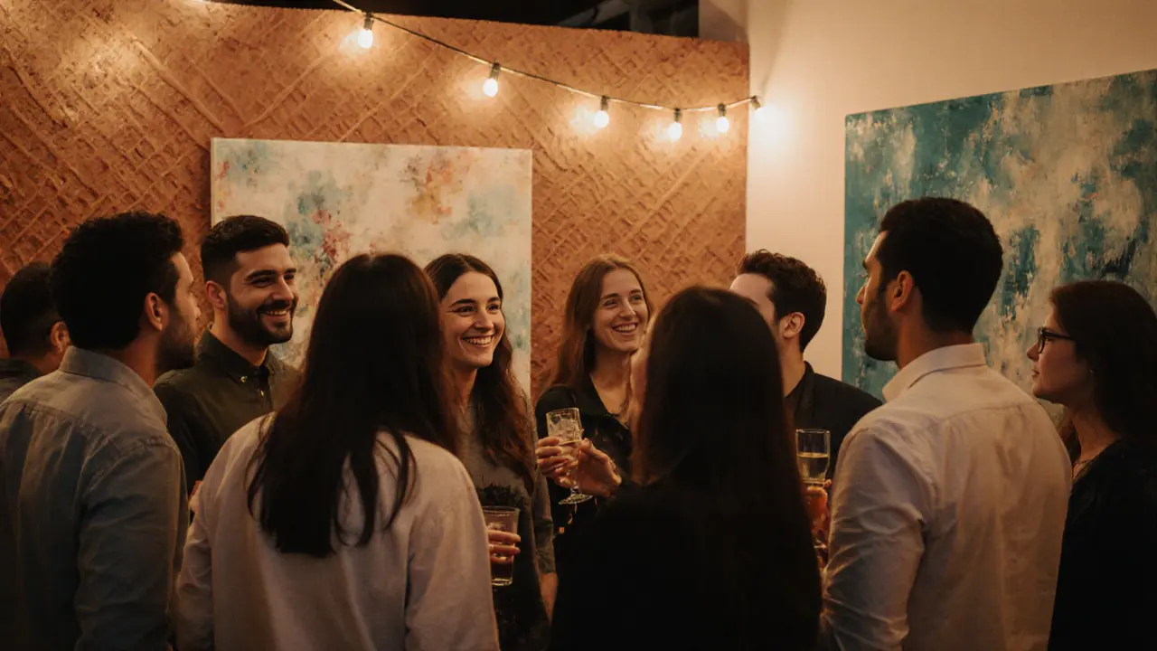 A group of diverse people socializing at an art gallery event in Abu Dhabi, laughing and engaging.