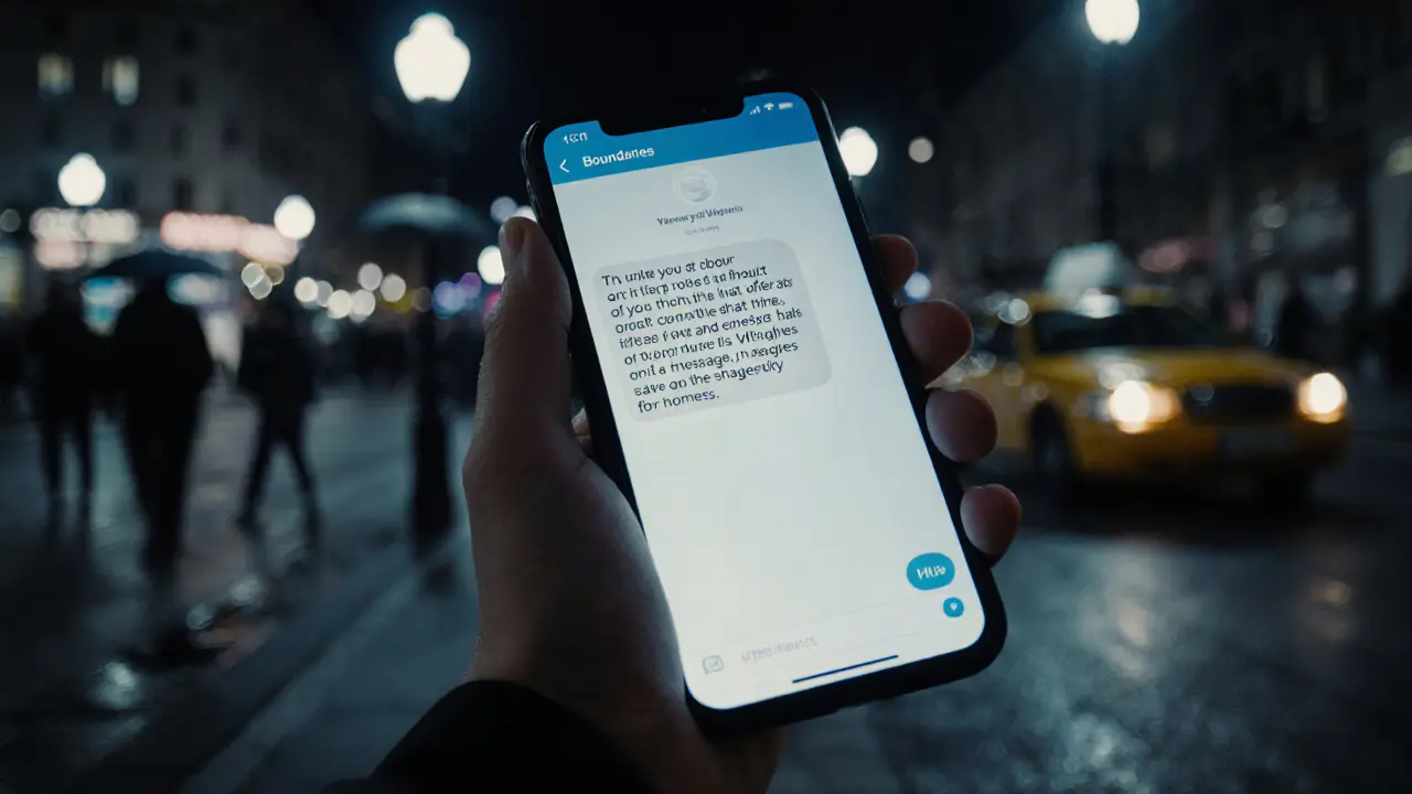 A hand holding a phone with an encrypted message about boundaries, set against a rainy London night street.
