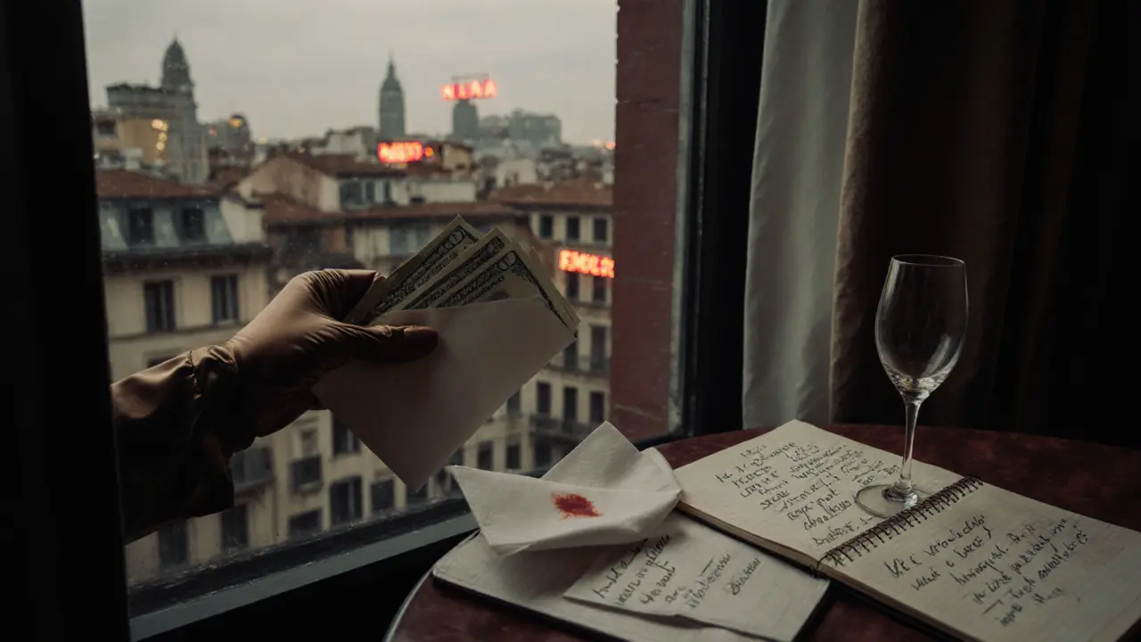 A hotel window view of Milan’s Brera district with cash and a wine glass on a table, hinting at a paid encounter.
