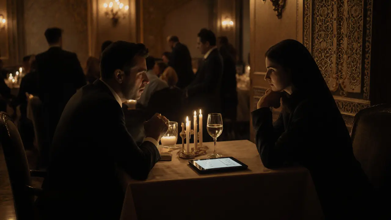 A man and woman having a quiet, intimate conversation at a candlelit table in a high-end Dubai restaurant.