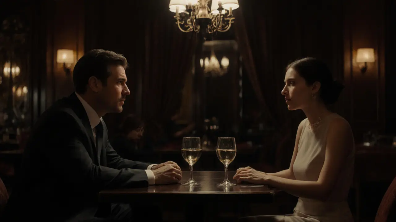 A man and woman sit silently in a hotel bar, untouched glasses between them, conveying quiet isolation.