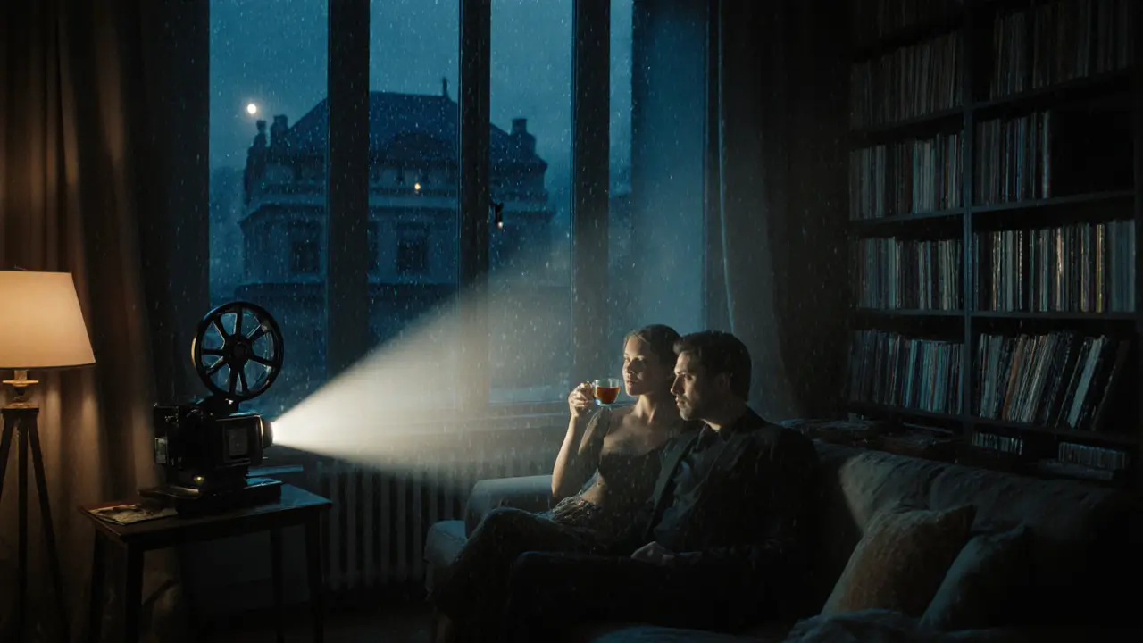 A man and woman watching a film in a quiet apartment, surrounded by books and vinyl records.