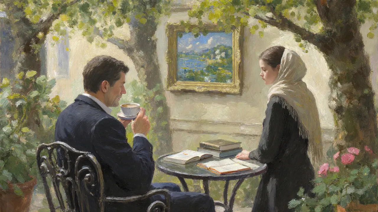 A man sits on a garden terrace in Paris, holding coffee, while a woman stands near a Monet print, morning light filtering through trees.