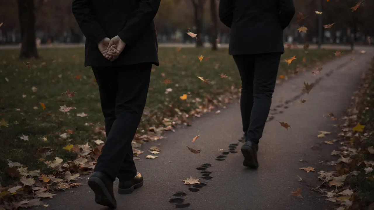 A person walking alone through Tiergarten at dusk, accompanied by a companion in quiet solidarity.