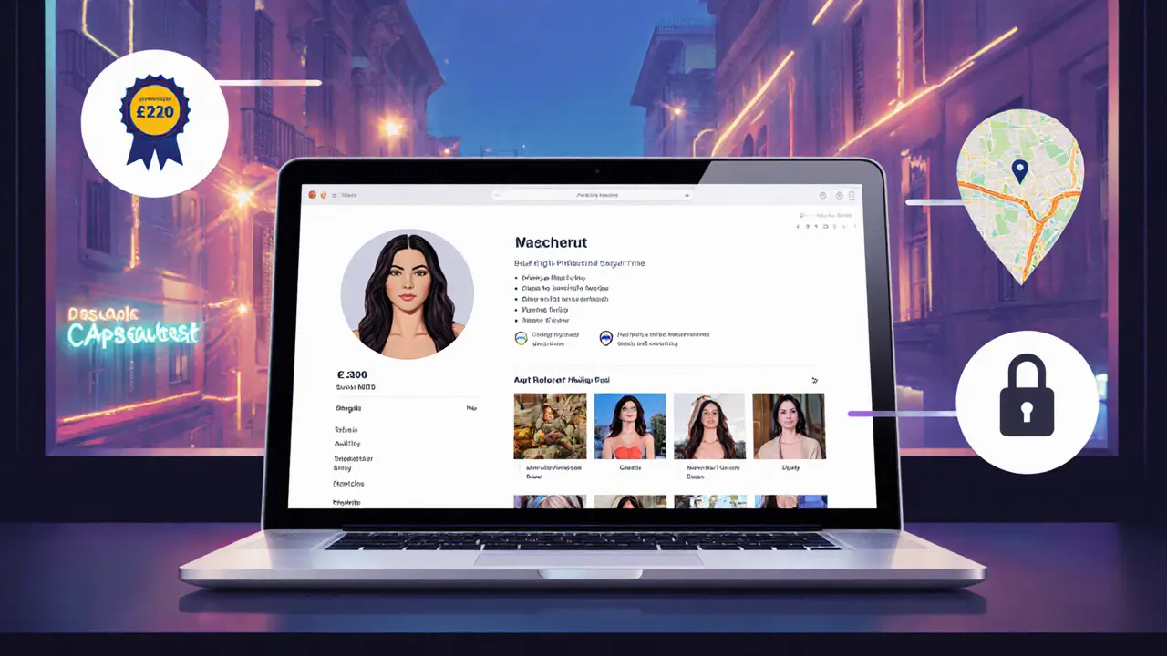 A professional escort profile on a laptop with clear details, pricing, and safety indicators in Milan.