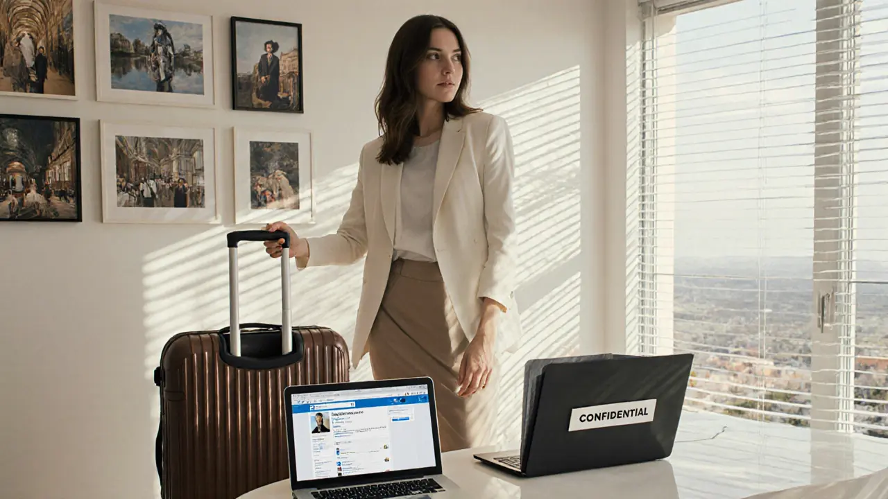 A professional woman packing in a modern villa, surrounded by travel photos and a laptop showing her LinkedIn profile.
