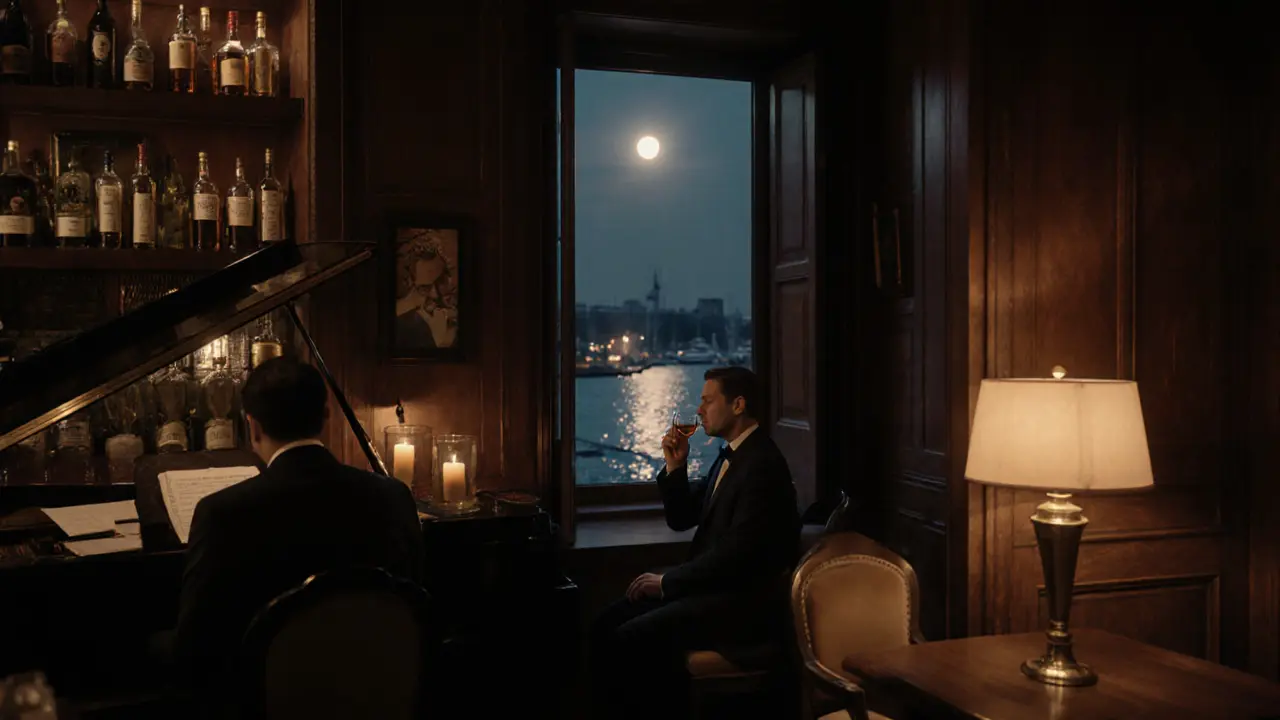 A quiet piano bar with warm candlelight, a lone guest sipping whiskey among vintage wine bottles.