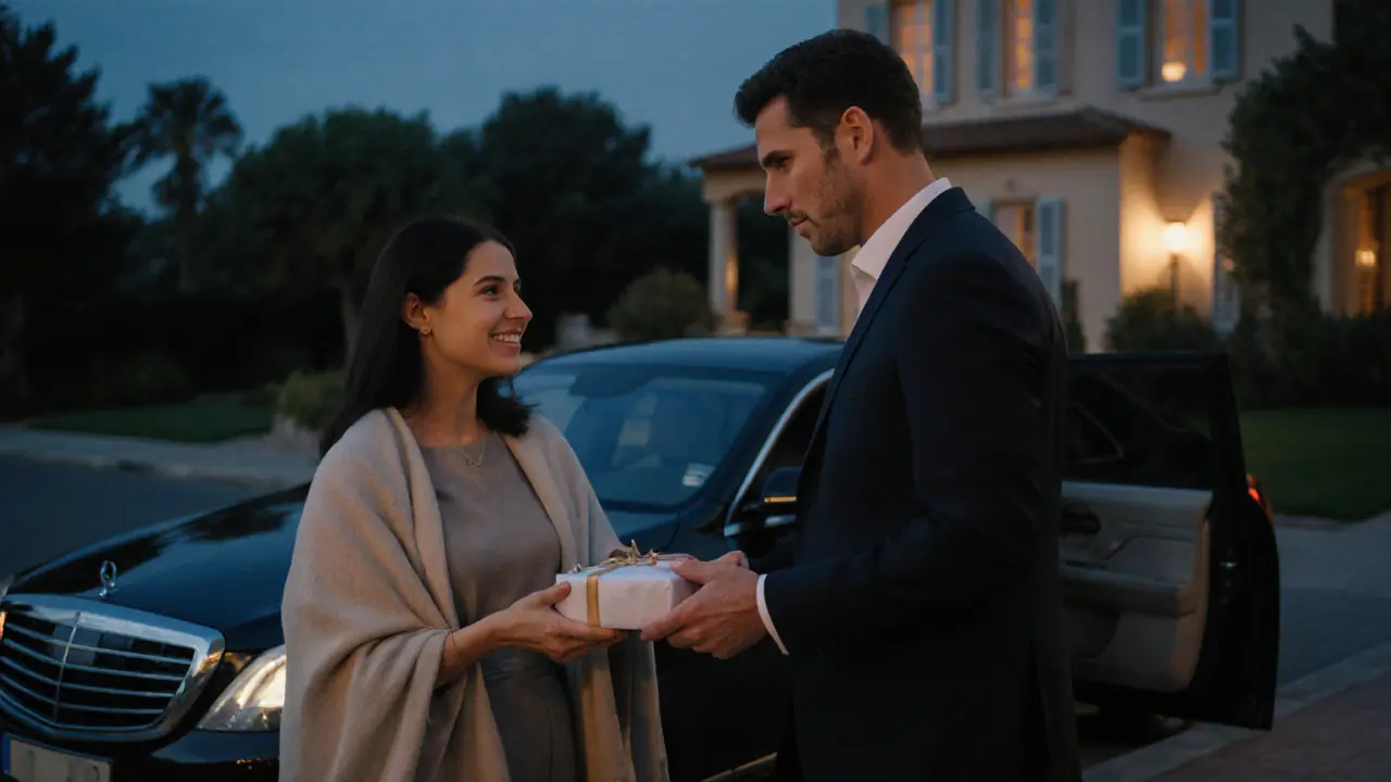 A respectful farewell at dusk, man offering a gift to a woman near a waiting car.