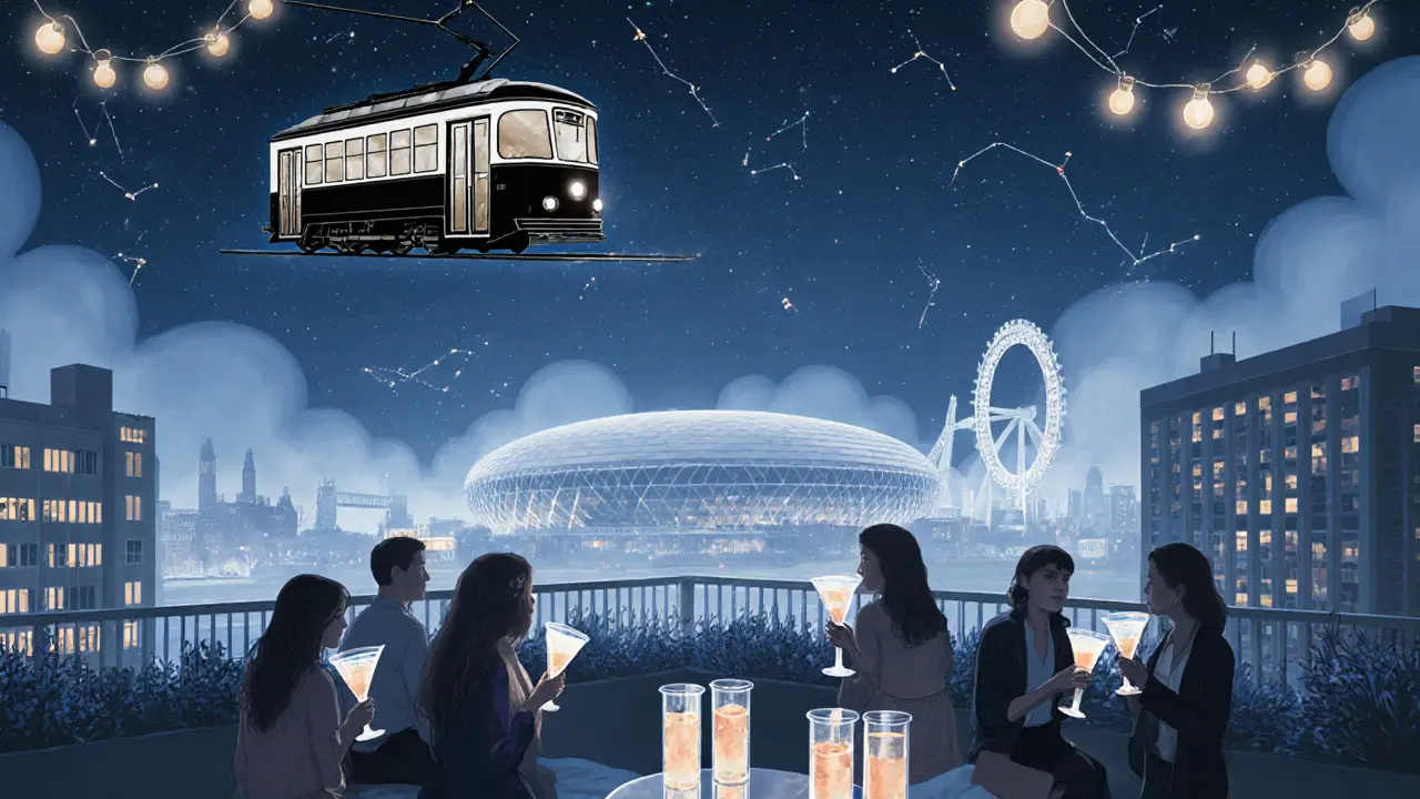 A rooftop terrace at dawn with a vintage tram projected onto the sky, people drinking from test tubes under string lights.