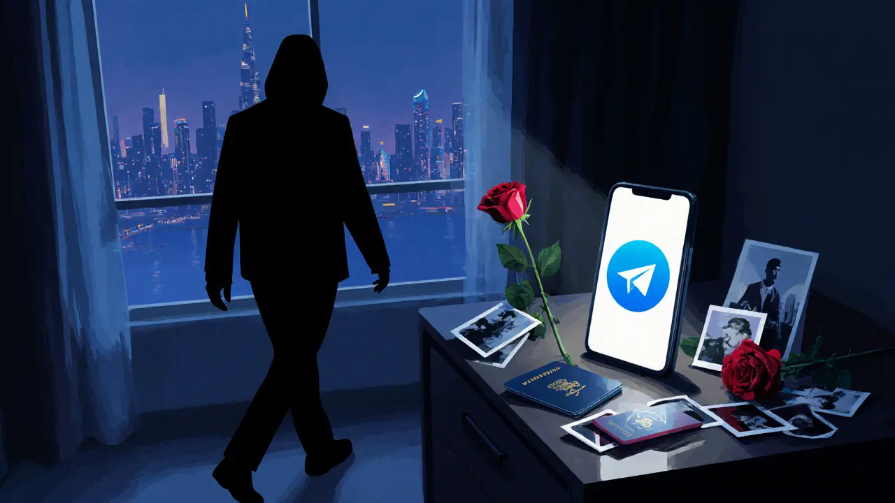 A shadowy figure beside a glowing Telegram screen with photos and a passport, symbolizing hidden escort services.