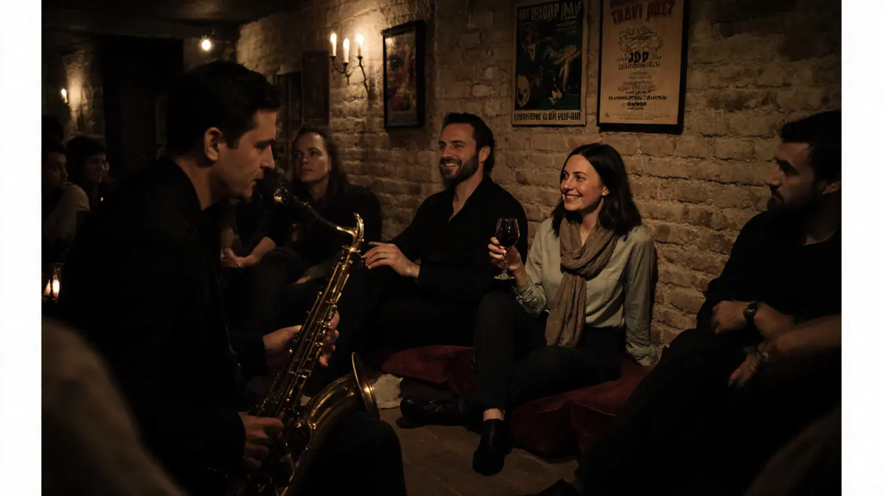 A small crowd enjoying live jazz in a dim basement club, lost in the music and each other&#039;s presence.