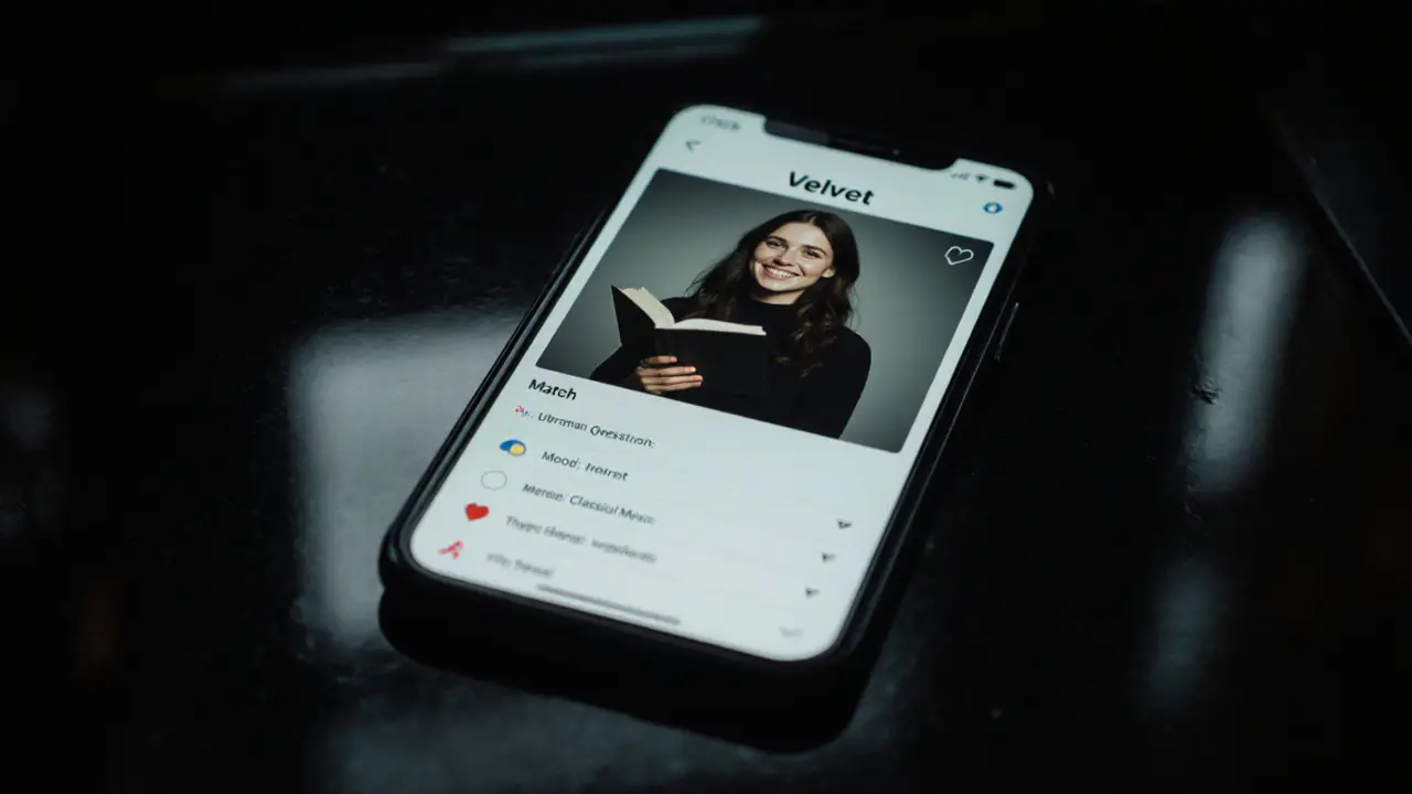 A smartphone screen showing a matching app interface with a cultural companion profile in a dark room.