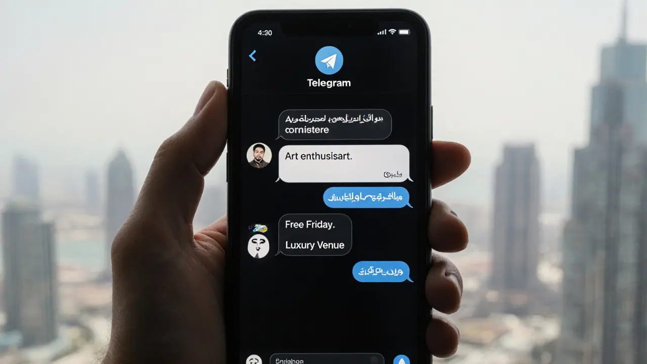 A smartphone screen showing anonymous Telegram messages with subtle, coded language for companionship.