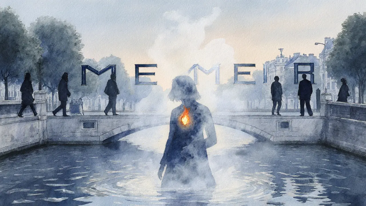A woman&#039;s translucent form fades into the Seine at dawn, mist rising as the word &#039;remember&#039; forms, symbolizing emotional renewal.