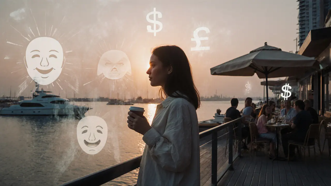 A woman alone on Dubai Marina at sunset, gazing toward a social café, representing loneliness and safer alternatives.