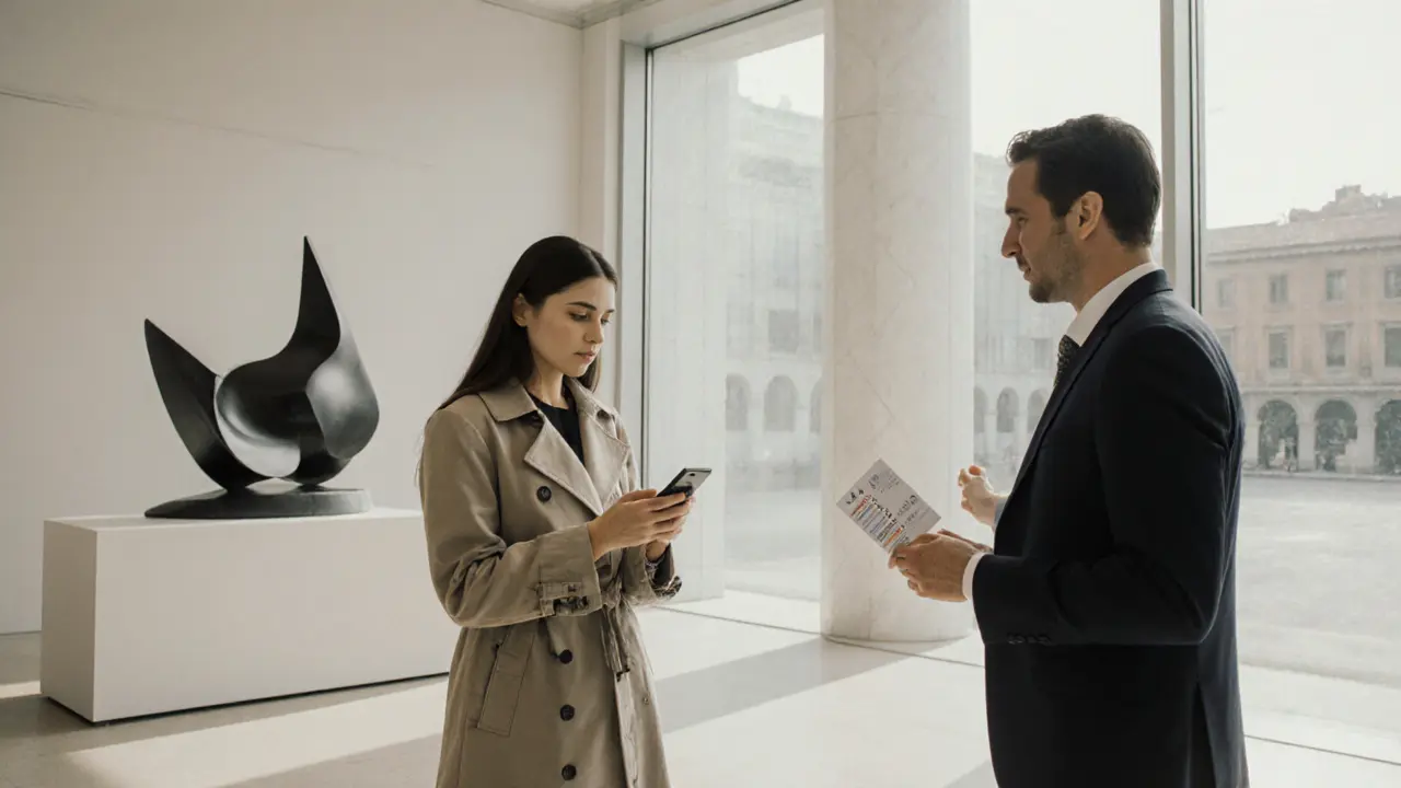 A woman and companion at the Triennale Design Museum, sharing cultural interest.