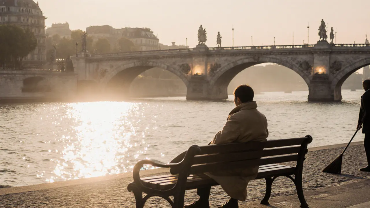 An empty bench by the Seine at dawn, mist rising as city cleaners work in the quiet morning.