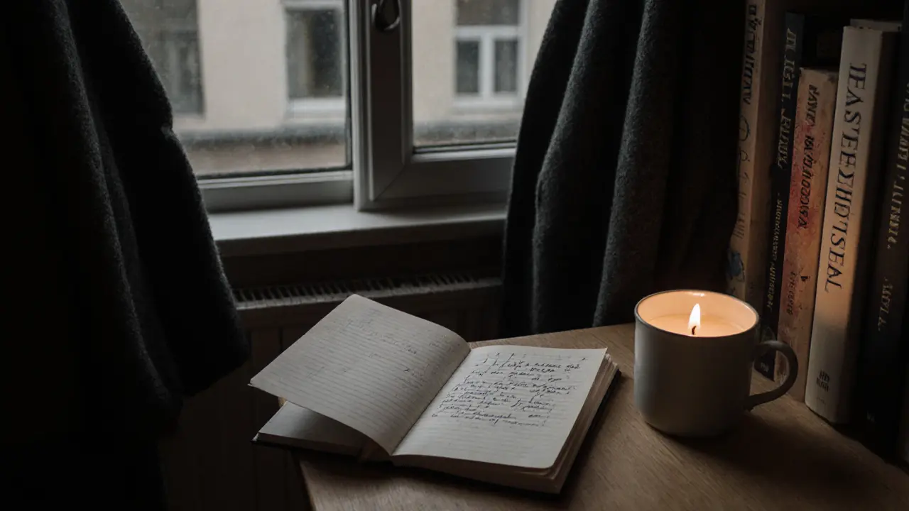An empty but lived-in Berlin studio apartment with a notebook open on the windowsill, hinting at deep conversations.