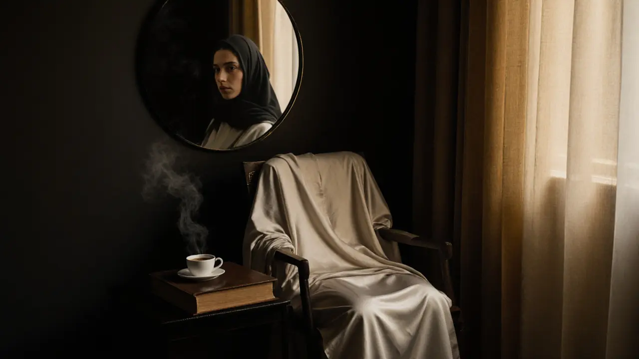 An empty silk abaya rests beside a book and coffee cup, symbolizing discreet companionship and emotional presence.