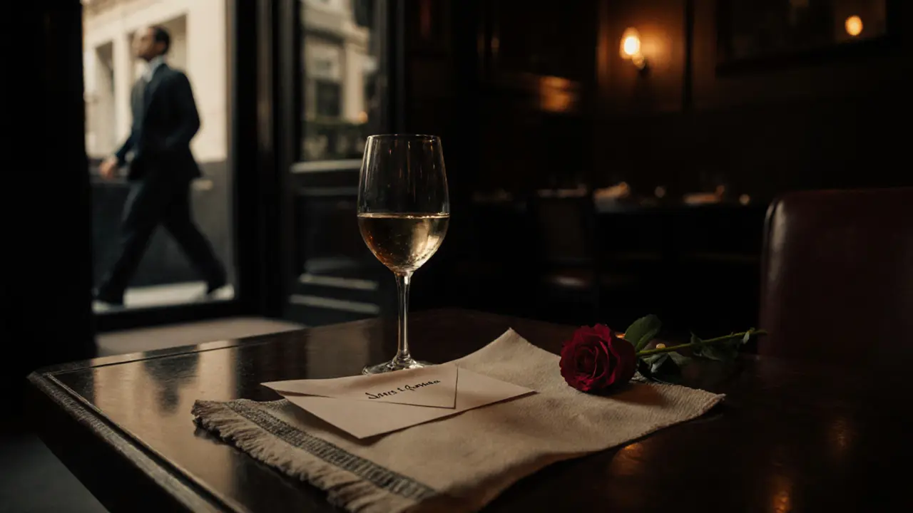 An empty wine bar table with a plain envelope and a single rose, suggesting a respectful farewell.