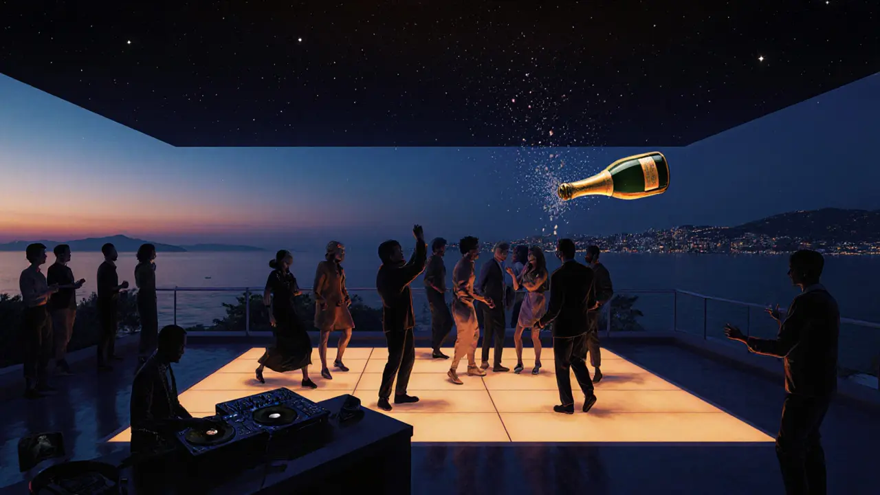 An intimate nightclub with a floating dance floor overlooking the Mediterranean under starlit night skies.