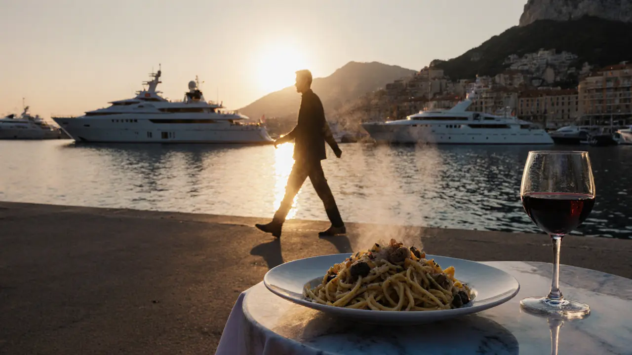 At dawn, a solitary figure walks past silent yachts as steam rises from a late-night meal.
