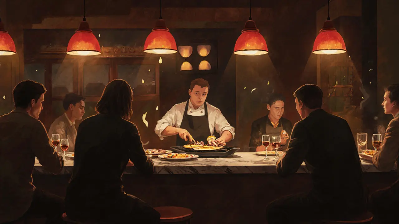 Barrafina tapas counter with chefs preparing tortilla and octopus at night.