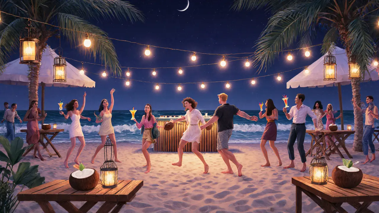 Beach party at Yas Beach Club with guests dancing on sand under string lights