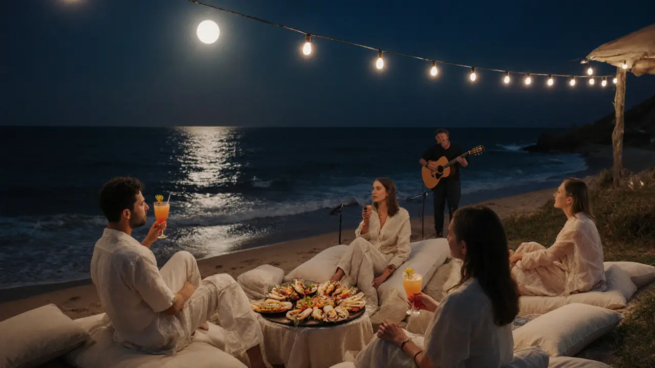 Beachside lounge at midnight with moonlit waves and guests relaxing under string lights.