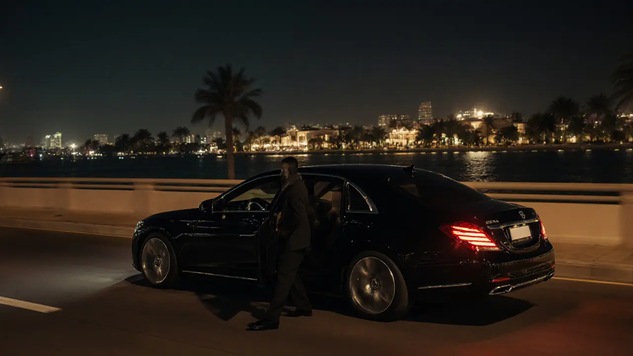 Black luxury car arriving at a private villa on Palm Jumeirah at night, discreet and serene.