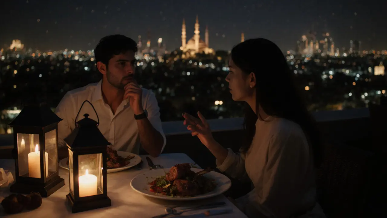 Candlelit rooftop dinner at 1901 with Emirati cuisine, skyline glowing softly in the background.