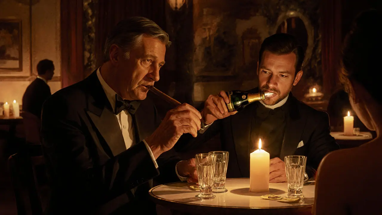 Candlelit underground lounge with a retired racer and guest enjoying champagne in quiet elegance.