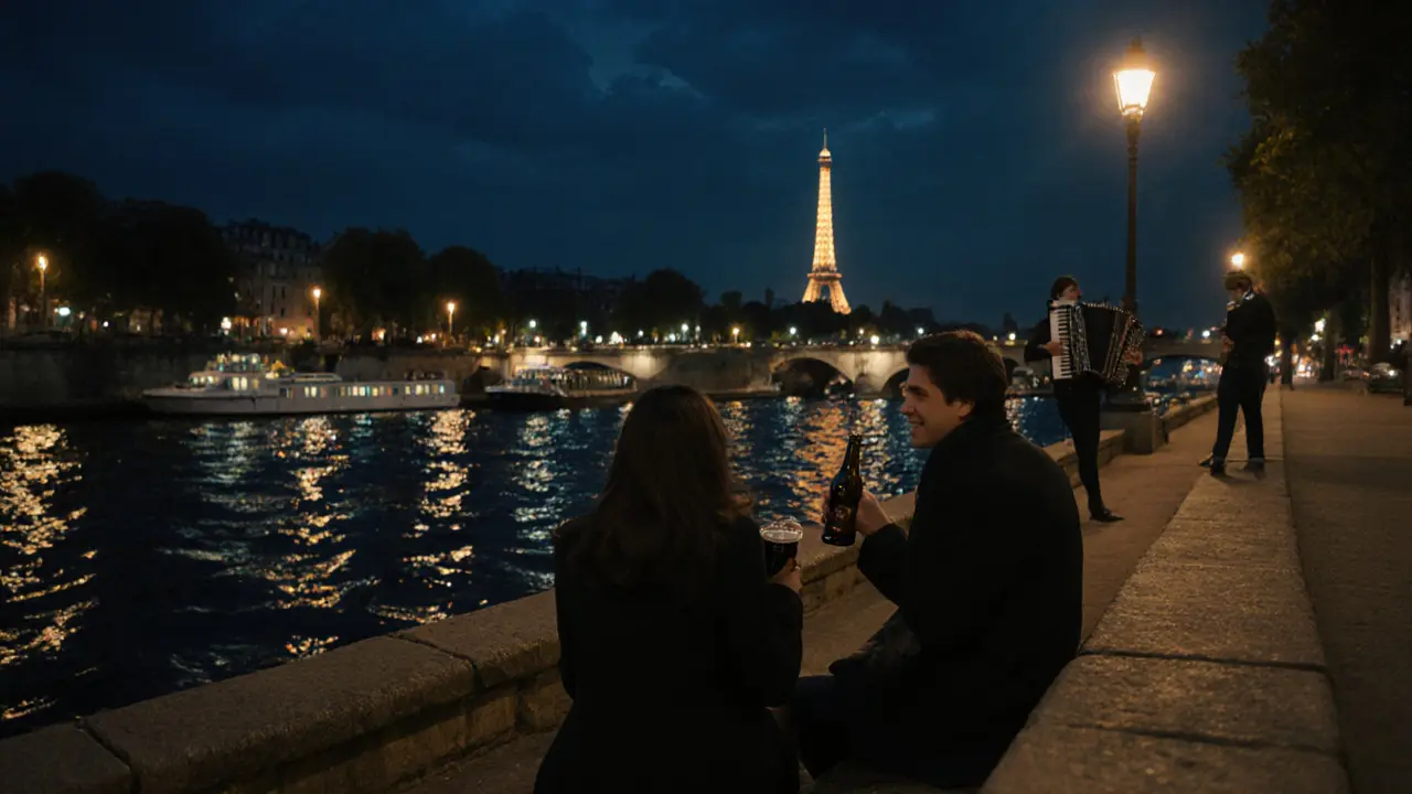 Couple sitting on Seine river steps sharing wine, Eiffel Tower sparkling in distance, boat lights reflecting on water.
