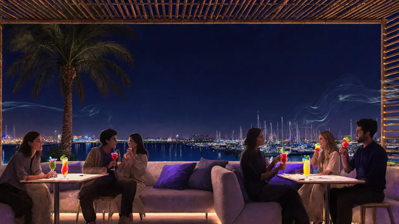 Couples enjoying cocktails at Yuzu lounge with marina views and bamboo decor.