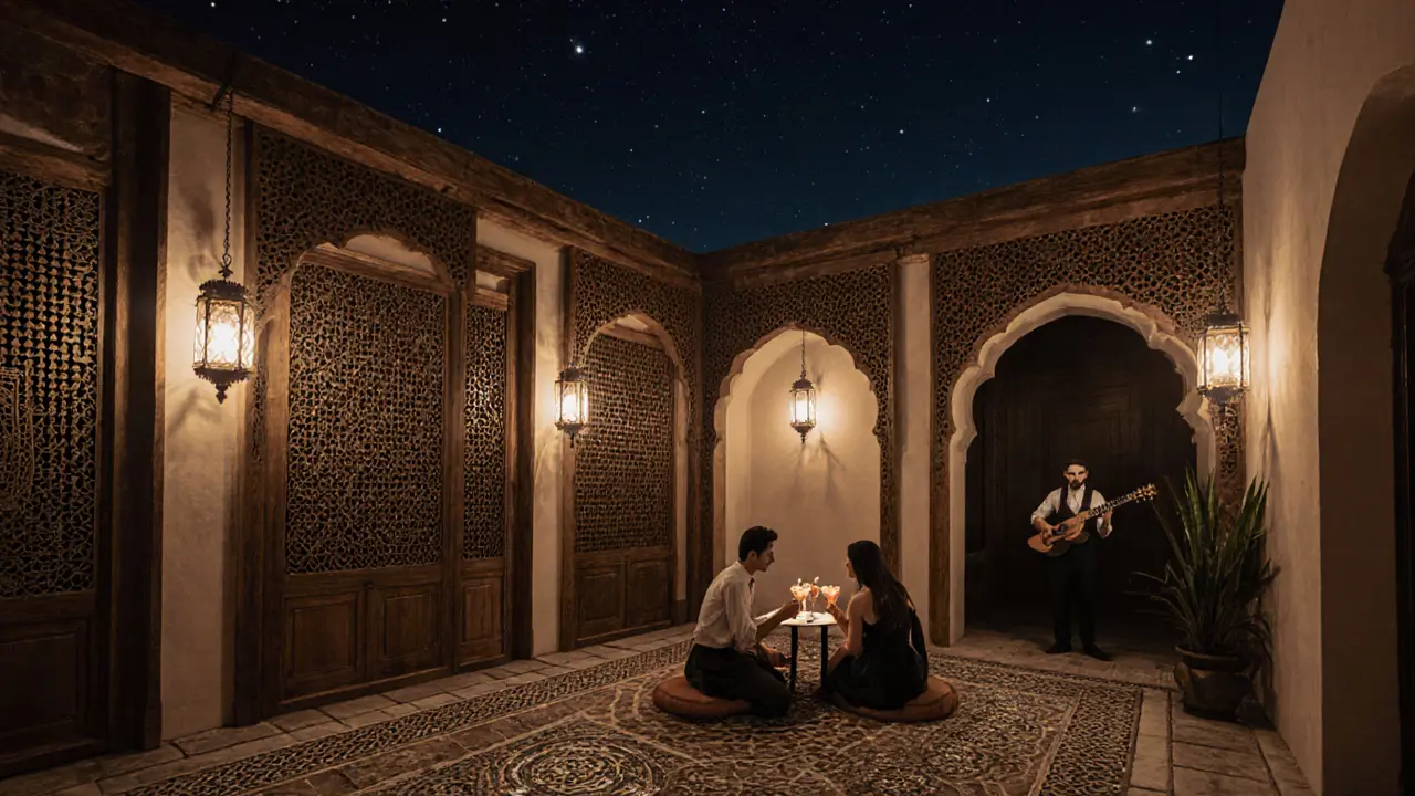 Cozy heritage courtyard bar with lanterns and oud musician at night