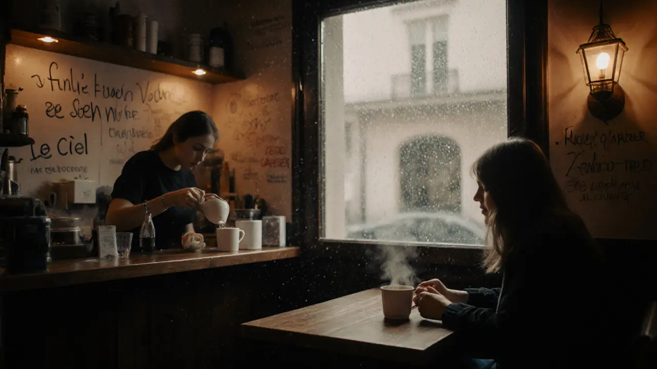 Cozy interior of Le Ciel bar with warm lighting, handwritten notes on walls, and a trans bartender serving hot chocolate to a quiet patron.