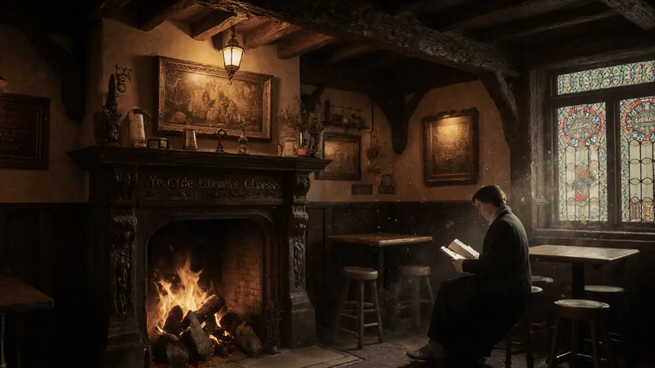 Cozy interior of Ye Olde Cheshire Cheese with oak beams, fireplace, and vintage bar stools.