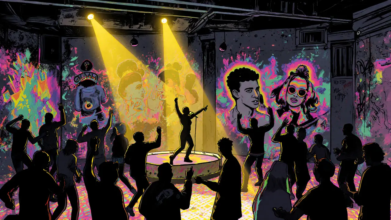 Crowd dancing at Queer Club Night in Belleville with neon lights, a trans singer on stage, and abstract colorful projections filling the room.