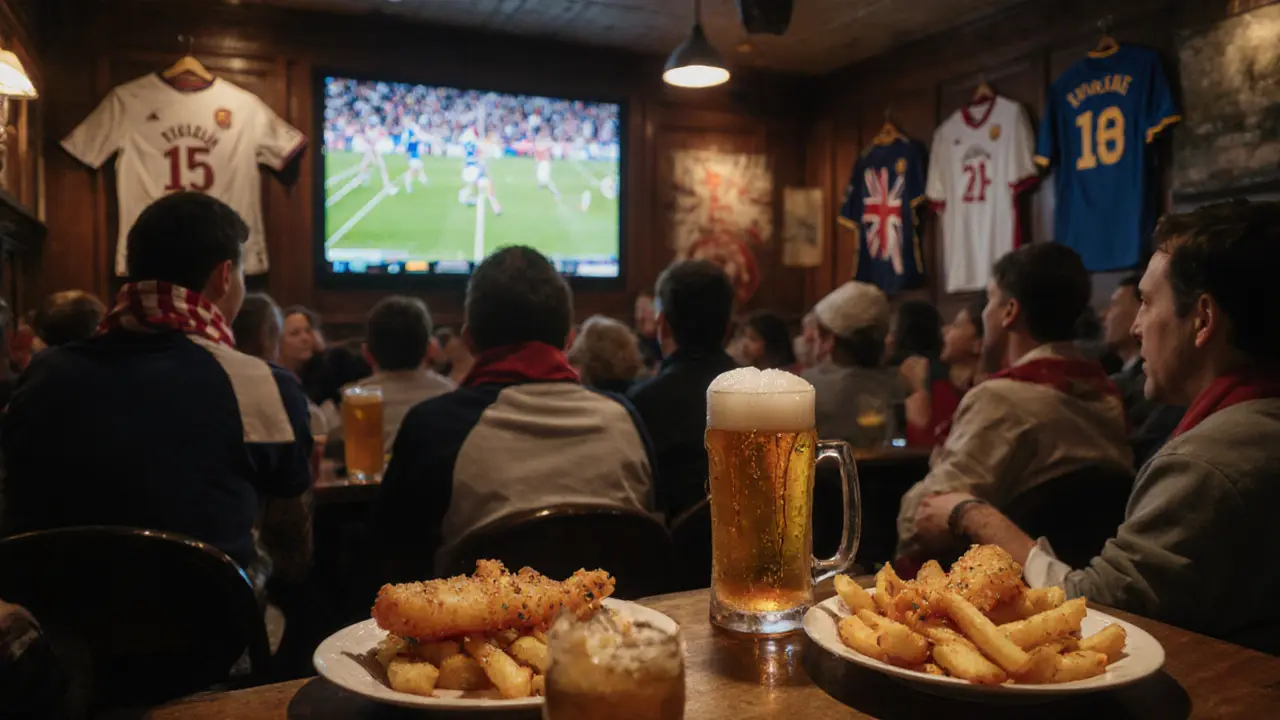 Crowd watching a football match at The Red Lion, fish and chips on table, jerseys on walls.