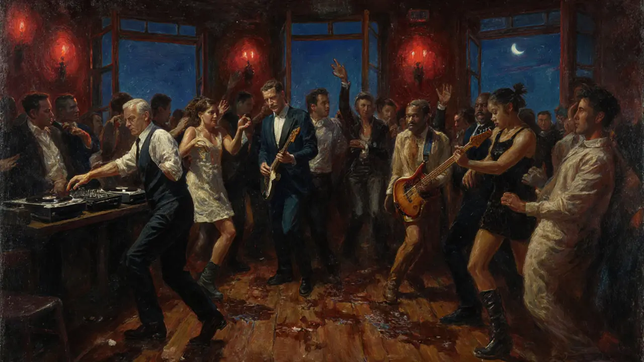 Crowded dance floor at Club 55 with diverse patrons moving to live techno under red lights.