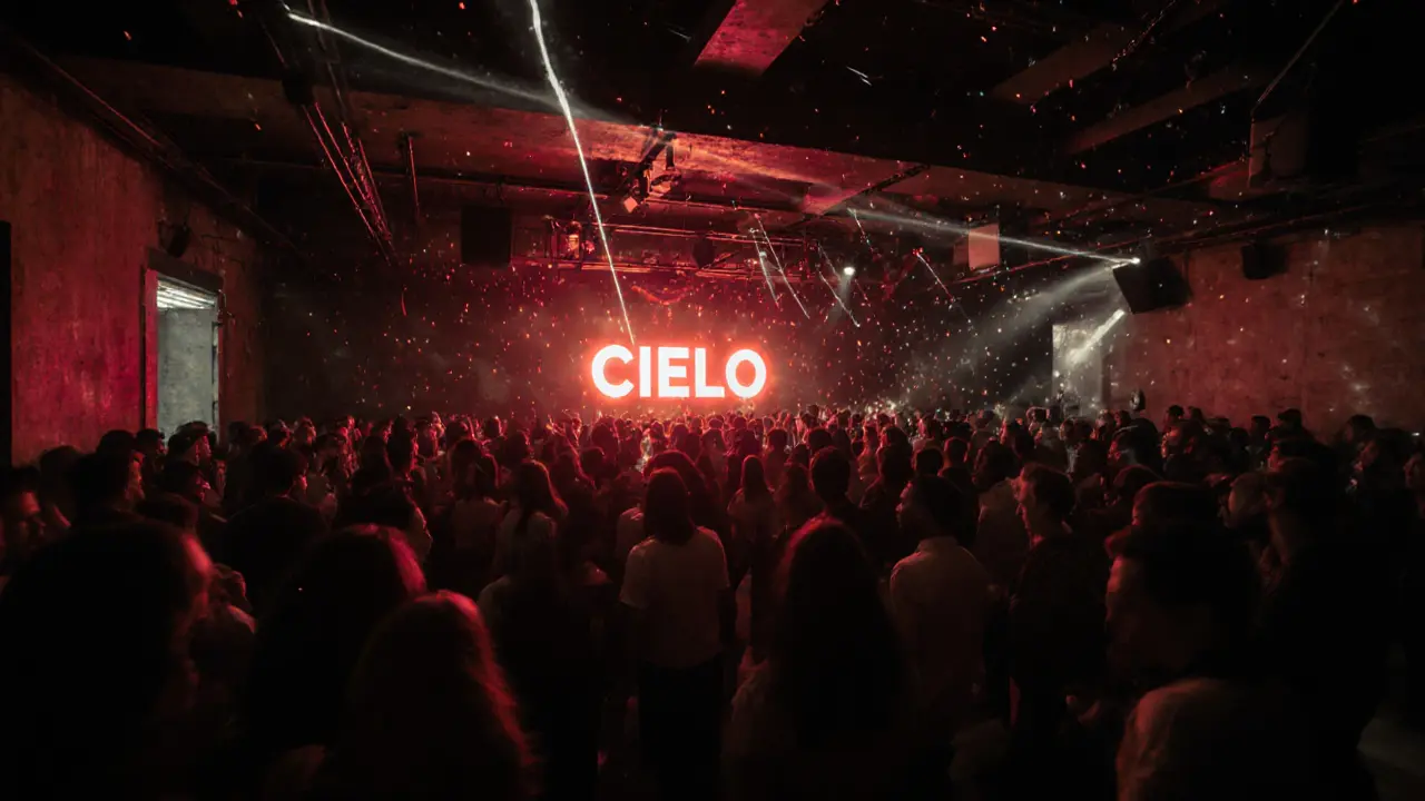 Dark industrial club with intense lighting and crowd lost in music.