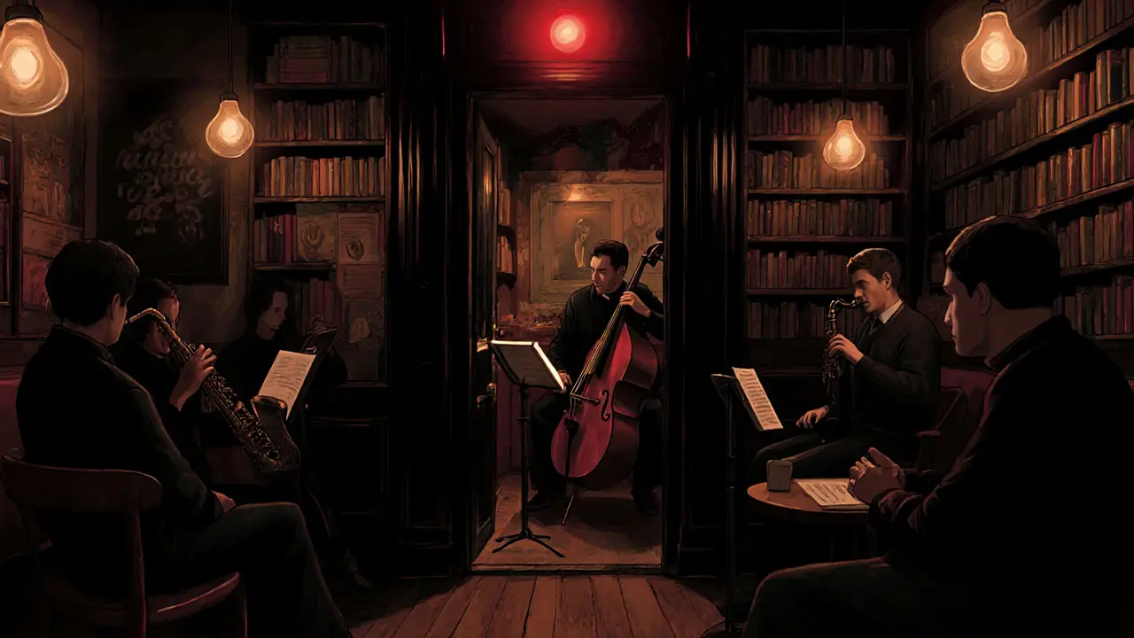 Dim jazz club in Brera with musicians playing silently, patrons in dark sweaters listening intently under soft amber lights.