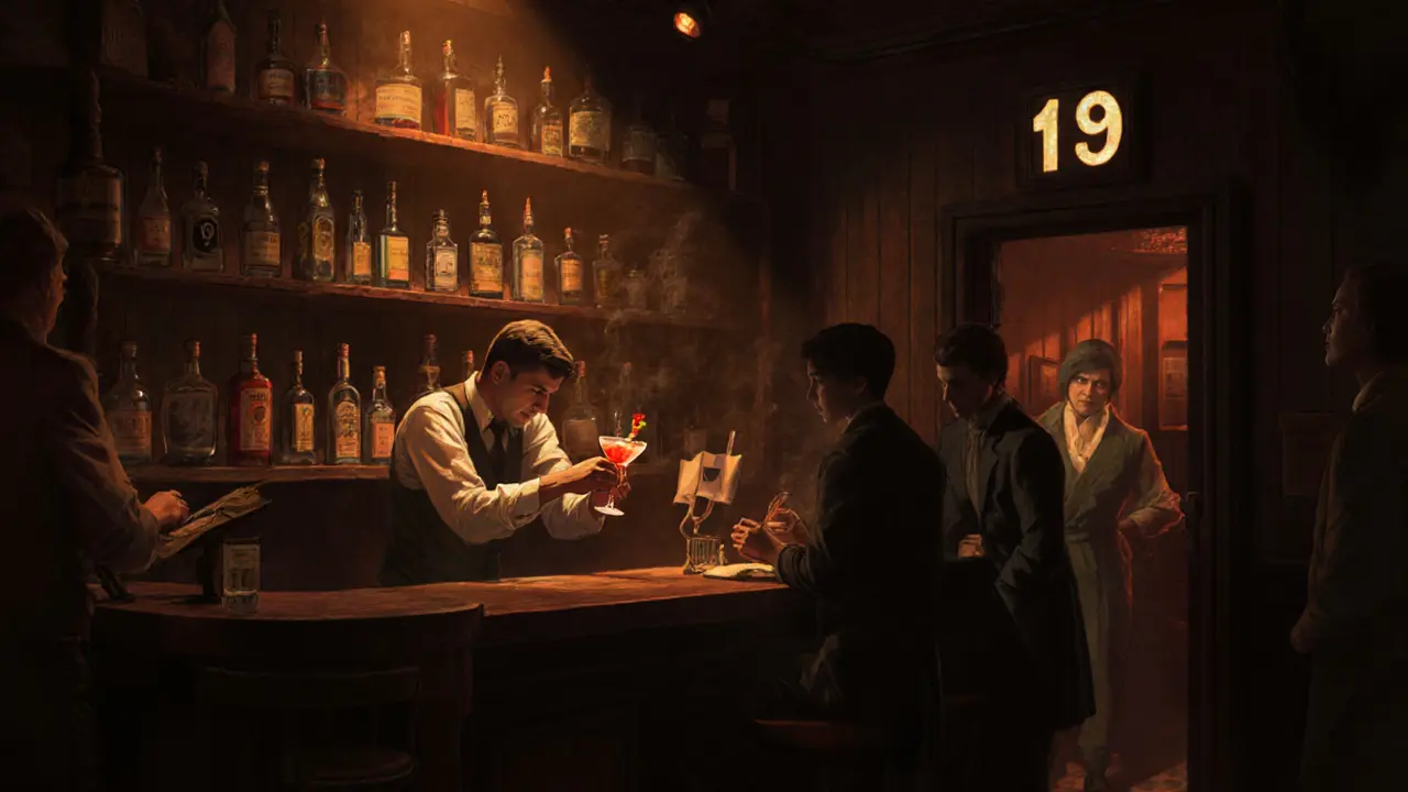 Dimly lit hidden bar with vintage bottles and a bartender crafting a cocktail in Galata.