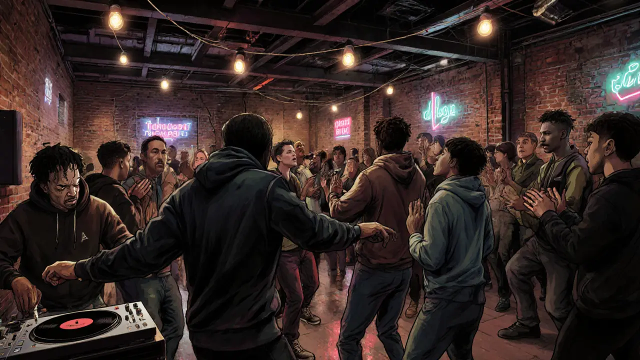 Diverse crowd dancing in a warehouse nightclub in Peckham, with DJ spinning vinyl and neon lights flickering in the background.