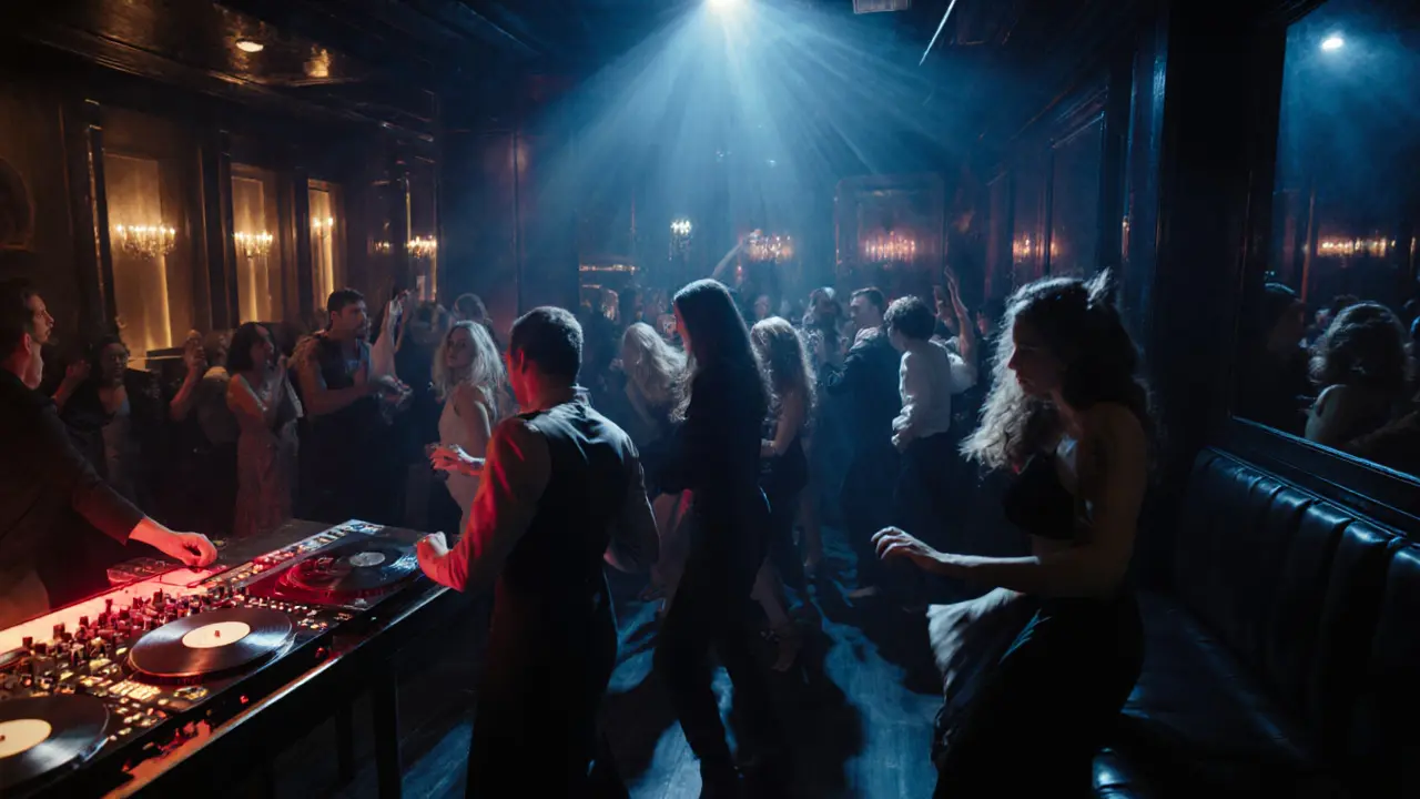 Elegant crowd dancing in a moody, upscale Milan nightclub with soft lighting.