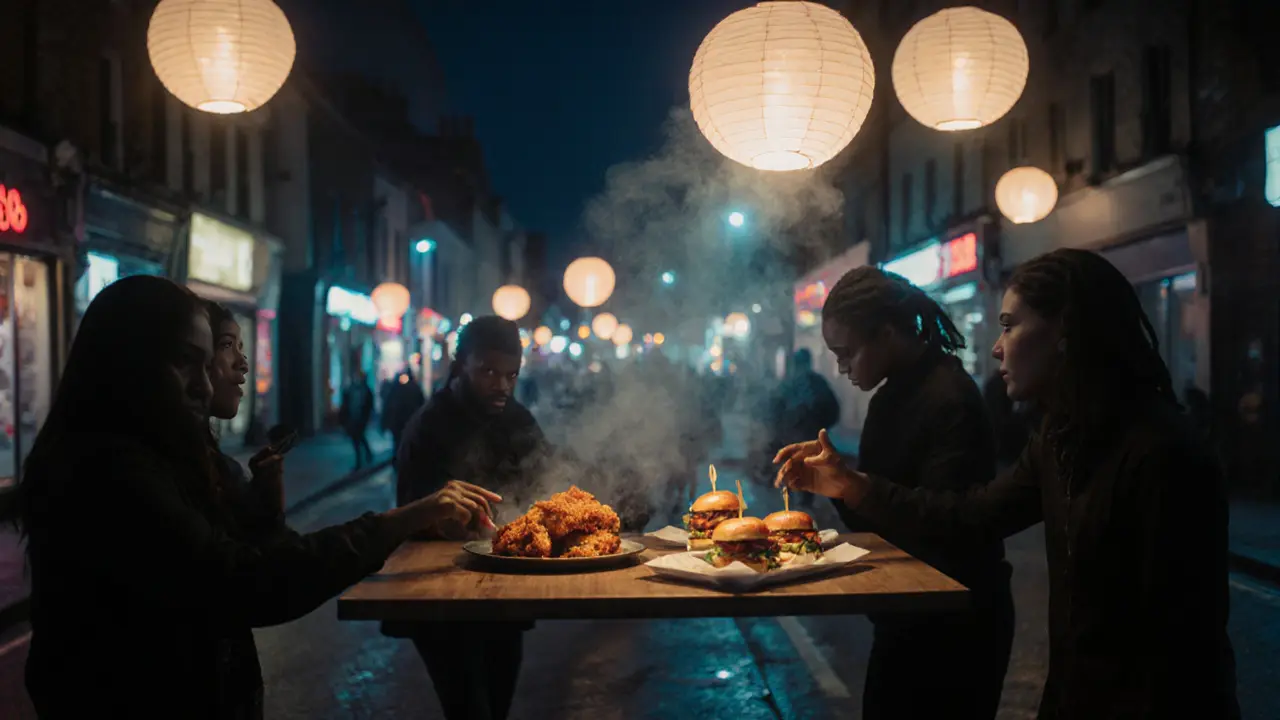 Floating late-night food pop-up with fried chicken and sliders under glowing lanterns.